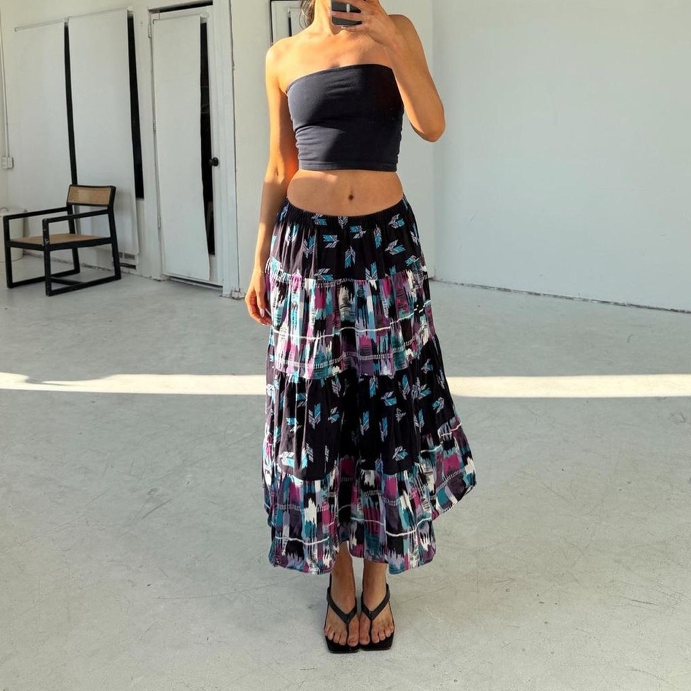 Vintage Southwestern Boho Print Tiered Maxi Skirt